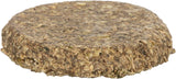 Runde, flache Scheibe aus zusammengepresstem Pflanzenmaterial in natürlichen Brauntönen.