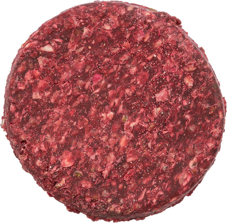Runde, komprimierte Scheibe in dunkelroter Farbe mit ungleichmäßiger, körniger Oberfläche.