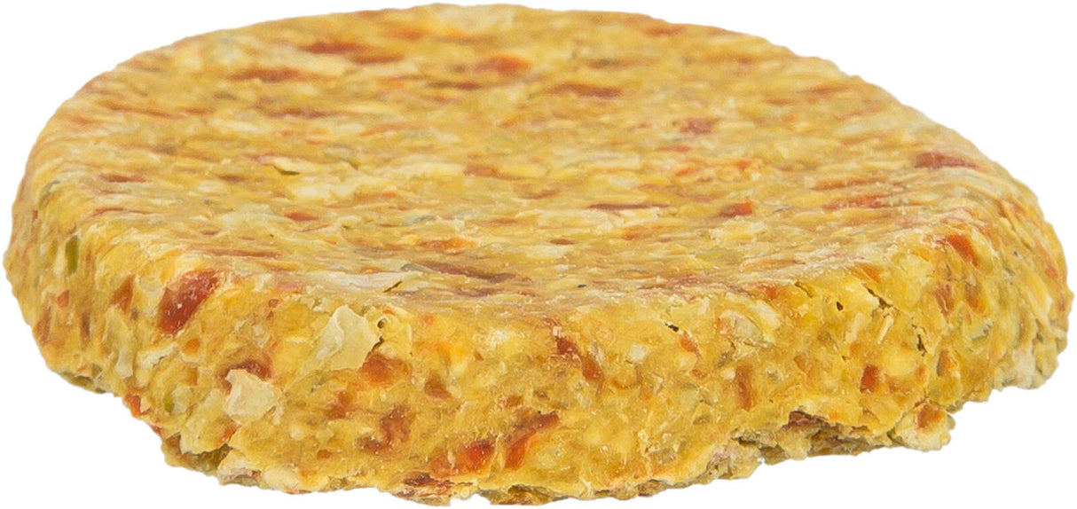 Runder, flacher, orangebrauner Gegenstand mit unregelmäßiger Oberfläche, erinnert an einen Burger-Pattie.
