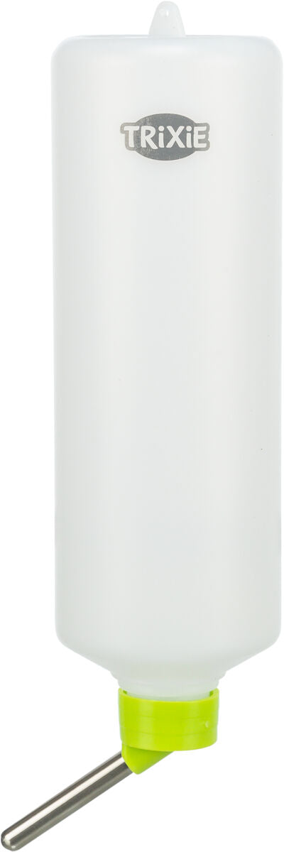 Transparente Trinkflasche mit grünem Verschluss und silbernem Ausguss, Markenlogo "TRIXIE" sichtbar.