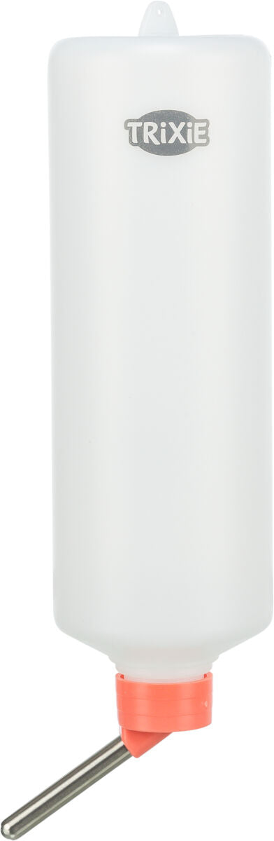 Weiße Trinkflasche aus Kunststoff mit oranger Spitze und silbernem Metalldüsenaufsatz, Aufdruck "TRIXIE".