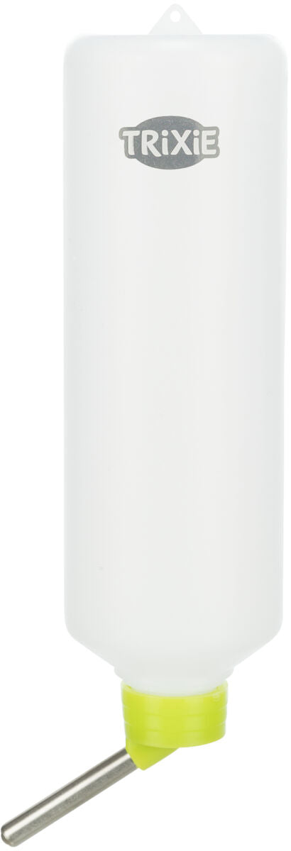 Weiße Wasserflasche mit grünem Verschluss und Metallröhrchen; Aufschrift "TRIXIE" oben sichtbar.