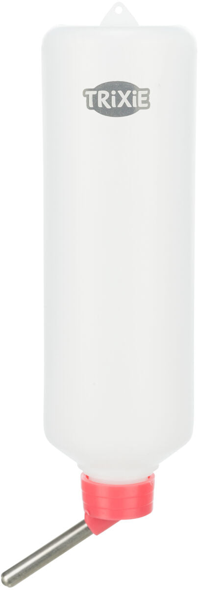 Weiße Trinkflasche mit Metalltrinkrohr und rotem Verschluss, beschriftet mit "TRIXIE".