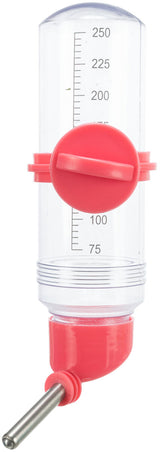 Transparente Trinkflasche mit rotem Verschluss und Metalltrinkrohr zeigt Skala bis 250 ml auf der Seite.