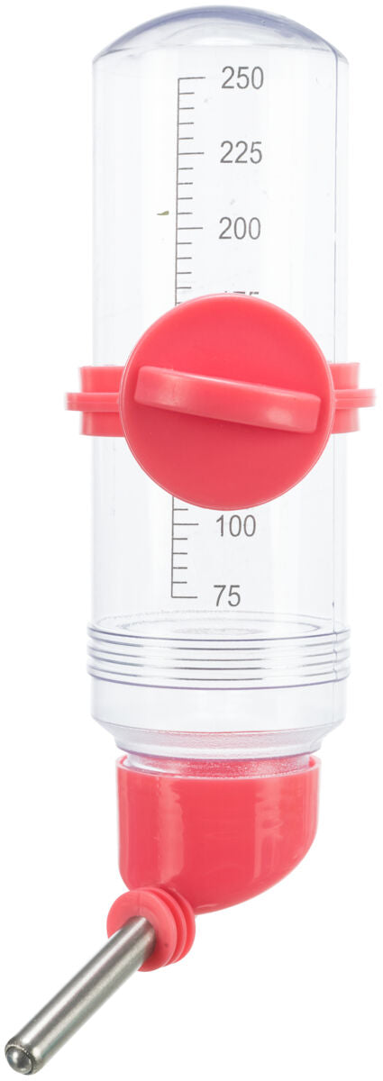 Transparente Trinkflasche mit rotem Verschluss und Metalltrinkrohr zeigt Skala bis 250 ml auf der Seite.