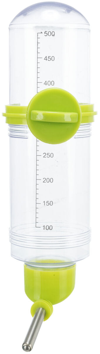 Transparenter Kunststoffbehälter mit grünen Elementen und Metallrohr, Volumenanzeige bis 500 ml.