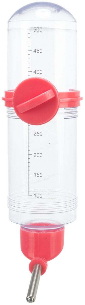 Transparente Kunststoff-Trinkflasche mit rotem Drehverschluss und Skala bis 500 ml, Metallrohr am Boden.