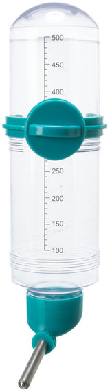 Transparente Flasche mit türkisem Deckel und Trinkverschluss, Messskala bis 500 ml an der Seite.