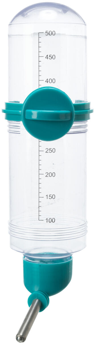 Transparente Flasche mit türkisem Deckel und Trinkverschluss, Messskala bis 500 ml an der Seite.