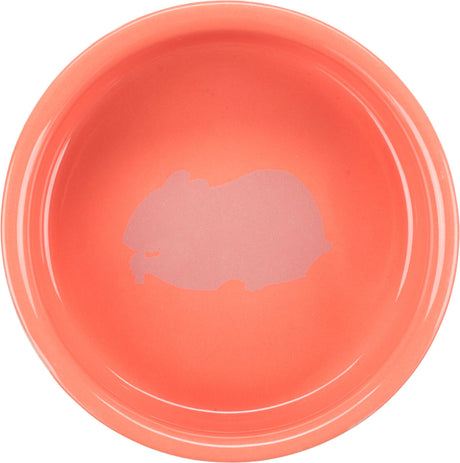 Runde, rote Schale mit einem hellen, hamsterförmigen Design in der Mitte.