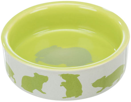Grüne runde Futterschale mit Hamster-Silhouetten in hellgrün auf der Außenseite, innen glatt und glänzend.