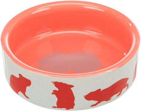 Runde, flache Schale in Rot mit weißem Rand und roten Silhouetten von Nagetieren am Rand.