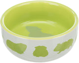 Grüne Futterschale mit Innenbeschichtung und Tiermotiven außen.