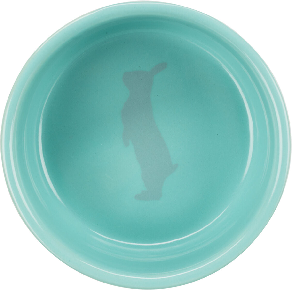 Aqua-farbene Schale mit Silhouette eines stehenden Hasen im Inneren.