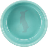 Aqua-farbene Schale mit Silhouette eines stehenden Hasen im Inneren.