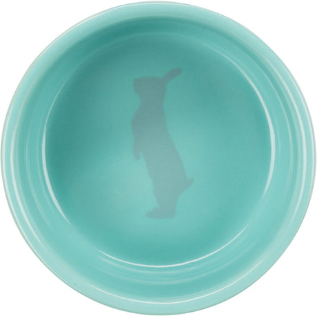 Aqua-farbene Schale mit Silhouette eines stehenden Hasen im Inneren.