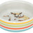 Bunte Futterschale mit Streifen in Gelb, Orange, Grün und Blau; Innen ein Bild eines Hamsters.