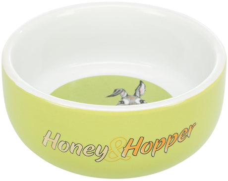 Keramikschale in Hellgrün mit dem Text "Honey &amp; Hopper", Innenboden mit Hasenmotiv.