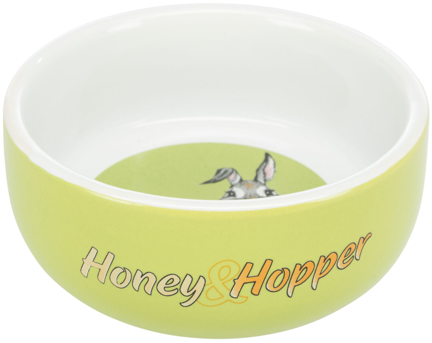 Keramikschale in Hellgrün mit dem Text "Honey &amp; Hopper", Innenboden mit Hasenmotiv.