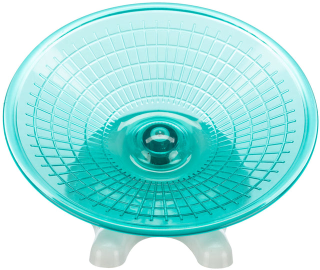 Rundes, transparentes, türkisfarbenes Objekt mit Gittermuster und gewölbtem Zentrum, auf weißem dreibeinigem Sockel.