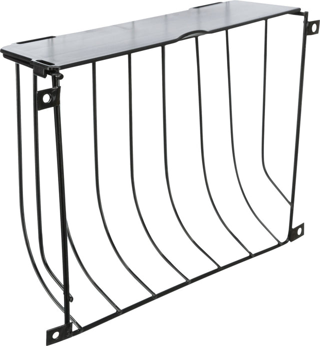 Metallregal mit schwarzem Gitterdesign und rechteckiger Ablagefläche, Befestigungslöcher an den Seiten.