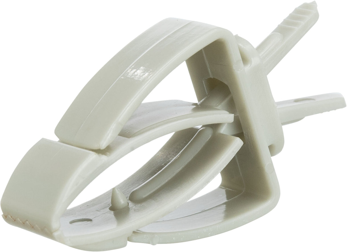 Plastikclip in heller Farbe mit Zacken und mehreren Öffnungen, geeignet zum Halten oder Befestigen von Gegenständen.
