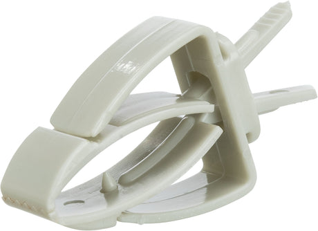 Plastikclip in heller Farbe mit Zacken und mehreren Öffnungen, geeignet zum Halten oder Befestigen von Gegenständen.