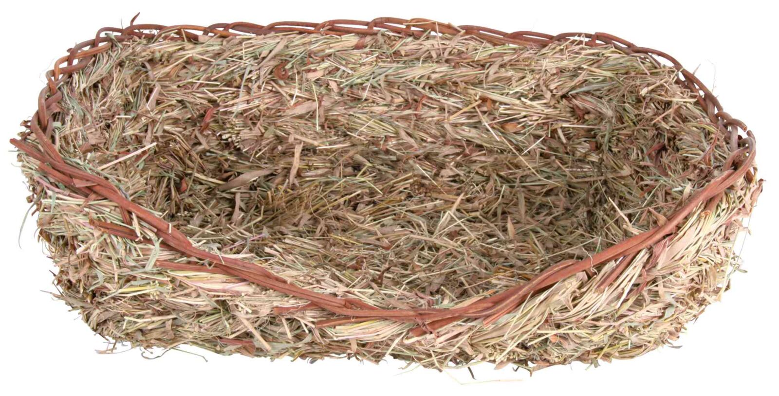 Geflochtener Korb aus Heu mit braunen Ranken, oval geformt, geeignet für dekorative Zwecke oder Lagerung.