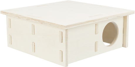 Helle, holzfarbene Kiste mit rechteckiger Form und einem runden Loch an der Seite, ohne sichtbare Beschilderung.