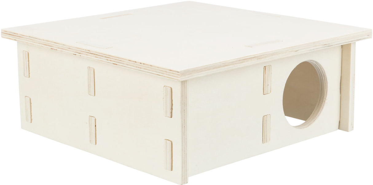 Helle, holzfarbene Kiste mit rechteckiger Form und einem runden Loch an der Seite, ohne sichtbare Beschilderung.