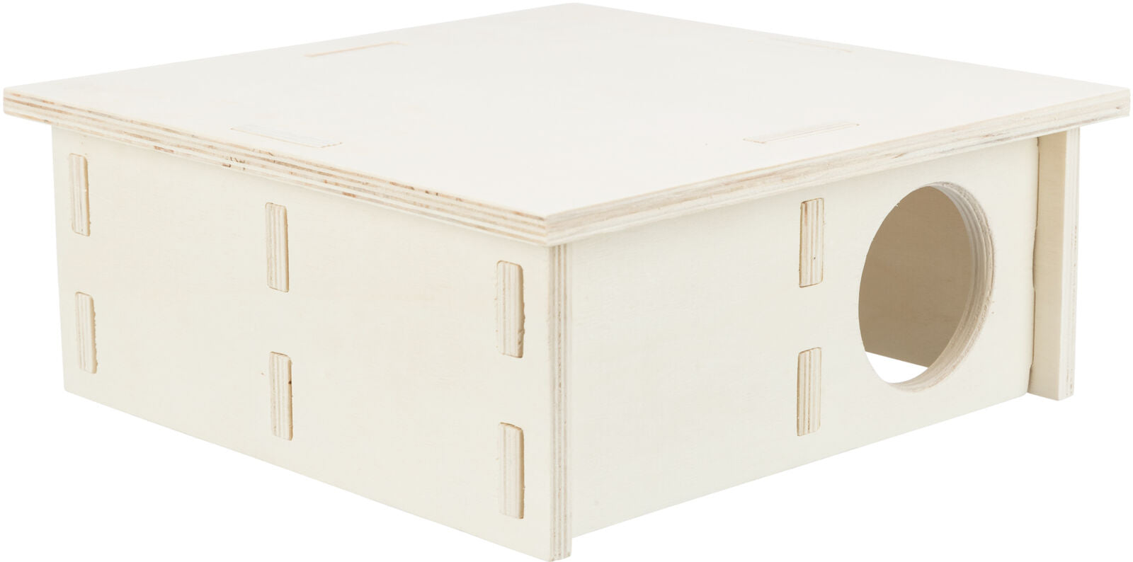 Helle, holzfarbene Kiste mit rechteckiger Form und einem runden Loch an der Seite, ohne sichtbare Beschilderung.