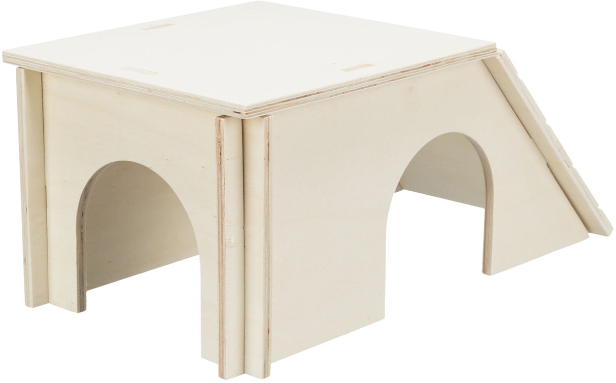 Holzstruktur mit zwei gewölbten Eingängen und schrägem Dach in hellem Naturton.