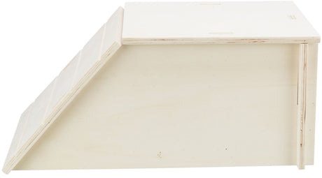 Holzkiste mit schrägem Deckel in natürlicher Holzfarbe, rechteckige Form, einfache Konstruktion.
