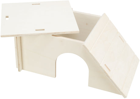 Helles Holzobjekt mit geneigtem Dach und offenem Fach, zwei rechteckige Löcher auf der Oberseite, gebogene Öffnung.