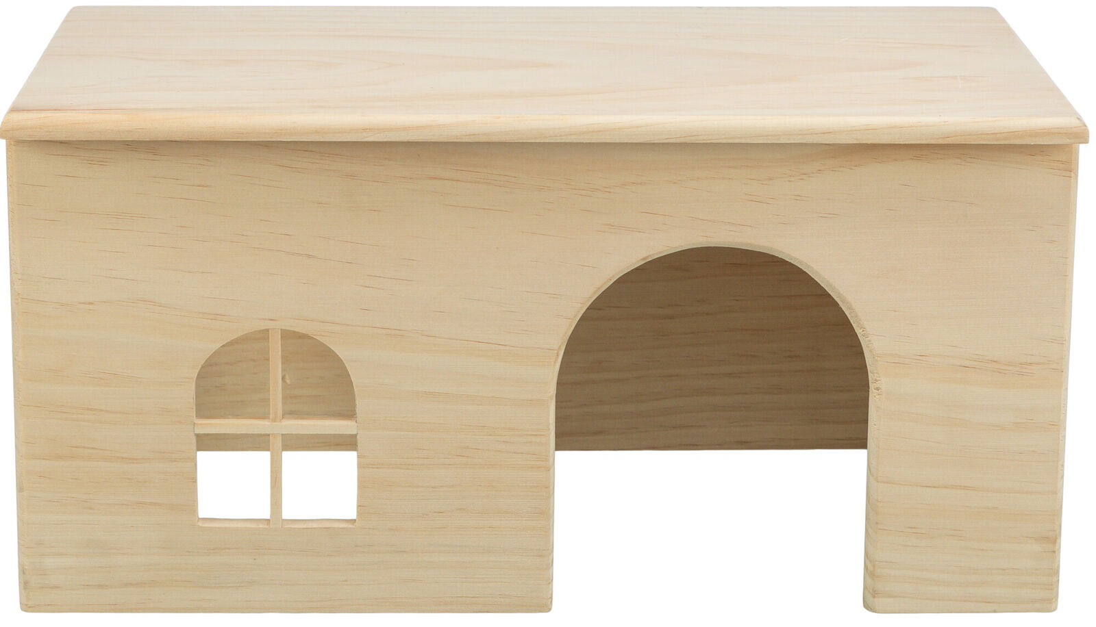 Holzkasten mit rechteckigem Fenster und rundem Eingang, natürliche Holzfarbe, schlichtes Design.