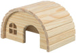 Kleine hölzerne Höhle in heller Farbe mit rundem Eingang und Fenster an der Seite, ohne zusätzliche Verzierungen.