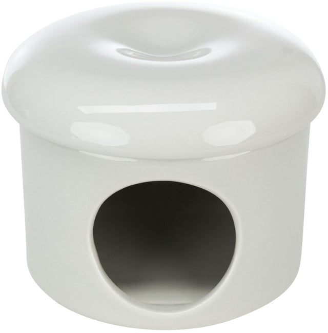 Weiße, runde glatte Keramikstruktur mit öffnung, ähnlich einer Höhlenform, ohne erkennbare Details im Inneren.