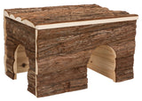 Holzstrukturierte Höhle mit zwei Rundbogeneingängen, gefertigt aus naturbelassenem Holz in braunen Tönen.