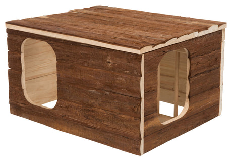 Holzhöhle mit rustikalem Design, rechteckig, zwei große seitliche Öffnungen, braunes Holz mit naturbelassener Optik.