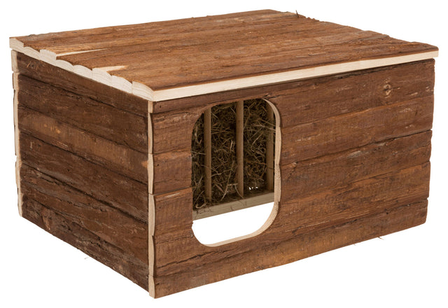 Holzkiste in natürlicher Holzoptik mit rechteckiger Öffnung und Heu innerhalb der Kiste sichtbar.