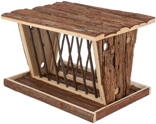 Holzstruktur mit Rinde und geflochteten Ästen, rechteckig und offen, mit rustikalem Design.