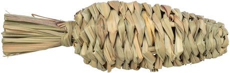 Geflochtenes, längliches Objekt aus hellbraunen und beigen Pflanzenfasern, das stabil und kompakt erscheint.