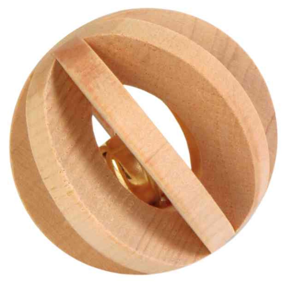 Holzspielzeugball mit integrierter Glocke in Naturholzfarbe, bestehend aus spiralförmig angeordneten Streifen.