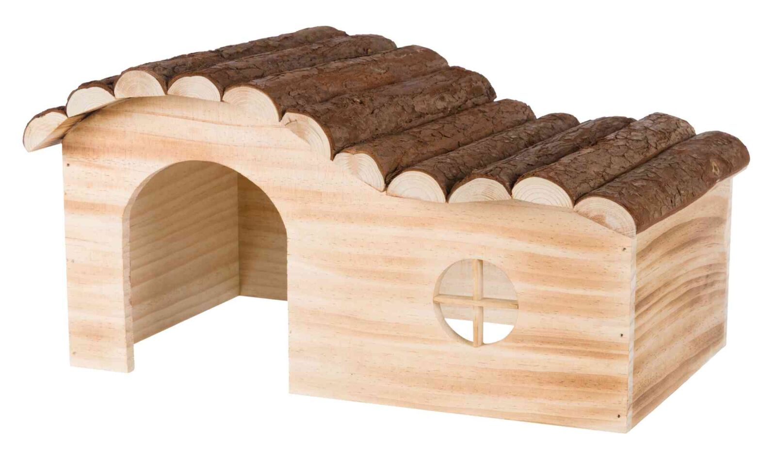 Holzhaus mit gewölbtem Dach aus Baumrinde, offener Eingang und rundem Fenster mit Kreuzstreben.