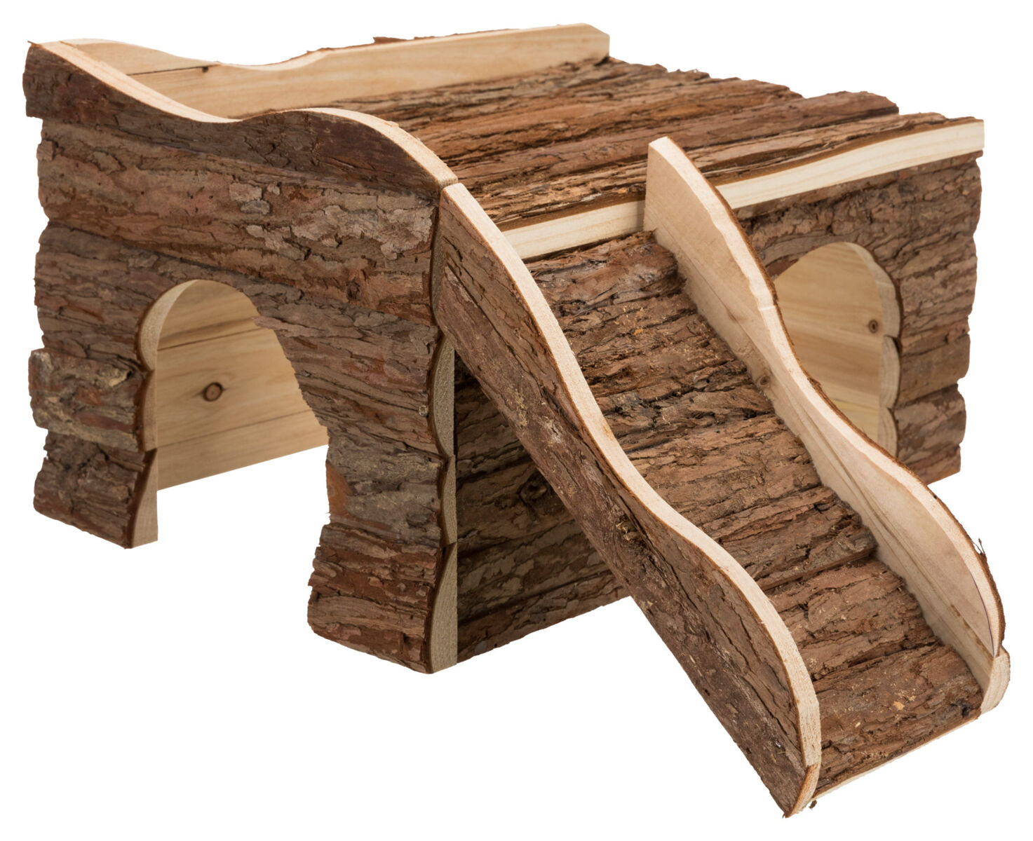 Holzhütte mit Rindenverkleidung und Rampen, rechteckige Öffnungen auf beiden Seiten, natürliche Holzfarbe.