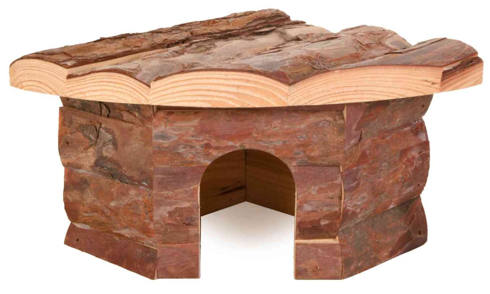 Kleines, rustikales Häuschen aus Holz mit einer gewölbten Öffnung und einer Dachstruktur aus Rinde.