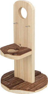 Holzständer mit runder Basis und gebogener Rückwand, darauf eine kleine Plattform mit natürlicher Holzstruktur.