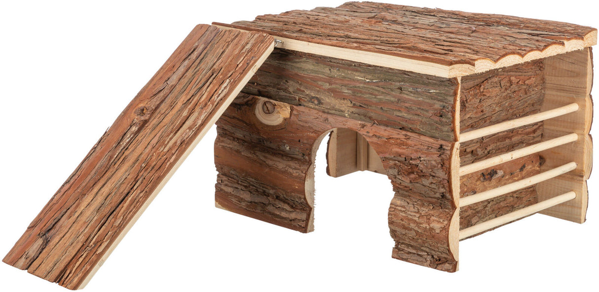 Holzhütte mit Rinde und flacher Rampe, rechteckige Form, Öffnung an der Vorderseite, sichtbare Holzstruktur.