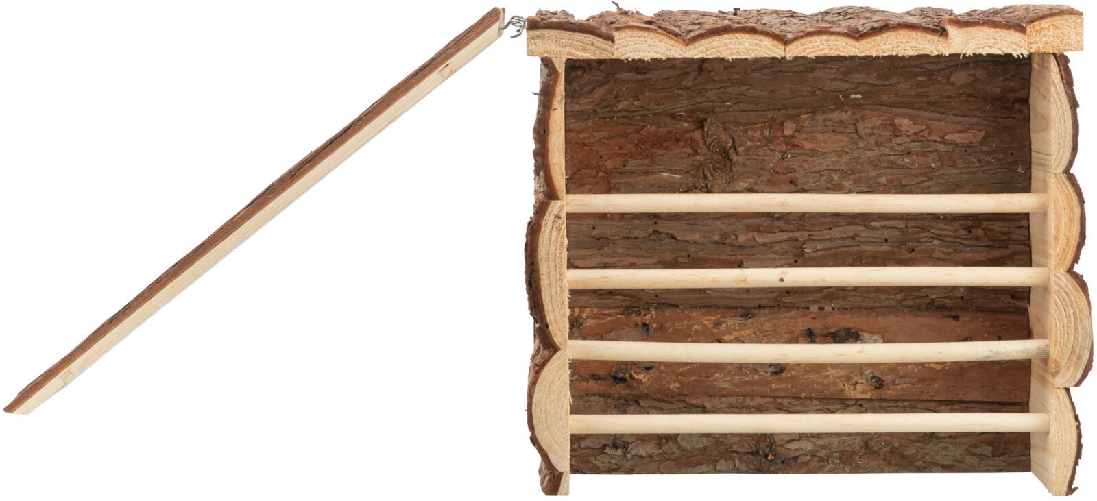 Holzgestell mit Rindenoberfläche und drei horizontalen Stangen, linker Flügel geöffnet.