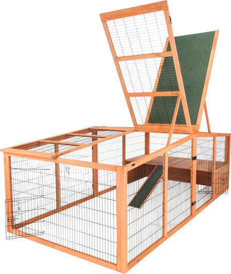 Holzgehege mit Drahtgitter, großer Deckel offen, innen grüne Rampe, geeignet für Kleintiere im Freien.